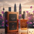 Your Touch Intense bottle with violet petals and pink pepper sparks at KL rooftop dusk; bottle and box clearly visible, cinematic realism.