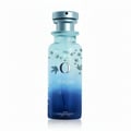 Blue perfume bottle with floral design on a white background