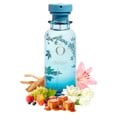 Blue bottle with floral design on a white background, surrounded by flowers and fruits.