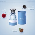 OSMA floral perfume bottle and packaging on a light blue background with ingredients displayed.