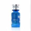 Blue perfume bottle with silver cap on a white background