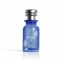 Blue perfume bottle with silver cap on a white background
