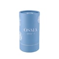 Blue cylindrical container with 'OSMA' branding on a light gray background