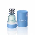 OSMA Woody perfume bottle and packaging on a light blue background with ingredients displayed.