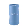 Blue cylindrical container with 'OSMA' branding on a light gray background