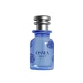 Blue perfume bottle with silver cap on a white background