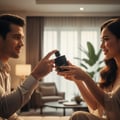 Noir En Leather Black perfume bottle Noir En Leather with Malaysian man and woman playfully reaching for the same perfume bottle in warm indoor light – elegant romantic perfume scene Malaysia.