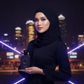 Hijabi Malaysia memegang Black Optra dengan mood glam hitam
