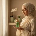 Wanita berhijab Malaysia memegang Khair Pistachio, gaya manis feminin