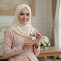 Wanita berhijab Malaysia memegang Miss Dona, gaya feminin manis