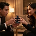 Nocturno with Malaysian man and woman playfully reaching for the same perfume bottle in warm indoor light – elegant romantic perfume scene Malaysia