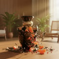 Carino Black Pour Femme by Rue Broca –  Broken perfume bottle with scattered orange petals on a wooden surface, with 'Carino' branding.