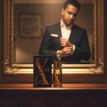 Malay man with Rue Broca Exotic Heritage perfume bottle on dresser mirror preparation men fragrance Malaysia