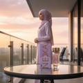 Malay woman with Rue Broca Nexa Musee perfume bottle and box sunrise balcony women fragrance Malaysia
