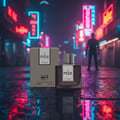 Rue Broca Pride Intense EDP bottle and box on rain-wet pavement KL neon lights men fragrance Malaysia
