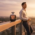 Rue Broca Touche Pour Homme perfume bottle on balcony golden hour KL skyline men scent Malaysia