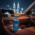 Unisex perfume bottle on car console city skyline night amber lights Malaysia – Al Barari Coral