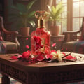 Al Fouz 100ml EDP by Zimaya –  perfume bottle with floral design on a wooden table in a cozy room.