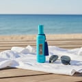 Andalusi Blue by Zimaya perfume bottle on linen shirt with sunglasses beach deck Malaysia