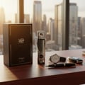 Itqan Noir by Zimaya men perfume bottle on mahogany desk with watch and car key elegant office Malaysia