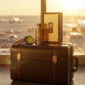 Men’s luxurious fragrance bottle on carry-on bag airport golden hour  - Modhesh Aura by Zimaya Malaysia