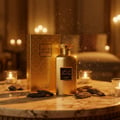 Noor Oud Dubai by Zimaya perfume bottle on gold marble table with oud wood and candlelight luxury unisex fragrance Malaysia