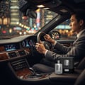 Zimaya Phantom Paragon perfume bottle on car dashboard rainy city lights Malay man men fragrance Malaysia