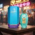 Rabab Blue by Zimaya perfume bottle on Malaysian night market table with pink‑gold neon reflections, rose‑vanilla hint; clear product