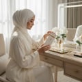 Malay woman opening Taraf White by Zimaya perfume box in sunlit bedroom white silk hijab luxury women fragrance Malaysia