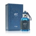Blue perfume bottle with matching packaging on a white background