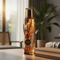 Zimaya Itqan Gold unisex perfume Malaysia – Decorative bottle with a vanilla bean on a table in a room with plants and furniture.
