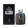 Maison Alhambra Perseus Exclusif — A dark grey perfume bottle with a silver cap and a circular emblem on the front, next to its matching black box with silver horse and deer graphics. | Maison Alhambra Perseus Exclusif — Botol minyak wangi kelabu gelap dengan penutup perak dan lambang bulat di hadapan, bersebelahan