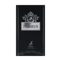 Maison Alhambra Perseus Exclusif — A dark grey perfume bottle with a silver cap and a circular emblem on the front, next to its matching black box with silver horse and deer graphics. | Maison Alhambra Perseus Exclusif — Botol minyak wangi kelabu gelap dengan penutup perak dan lambang bulat di hadapan, bersebelahan