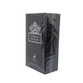 Maison Alhambra Perseus Exclusif — A dark grey perfume bottle with a silver cap and a circular emblem on the front, next to its matching black box with silver horse and deer graphics. | Maison Alhambra Perseus Exclusif — Botol minyak wangi kelabu gelap dengan penutup perak dan lambang bulat di hadapan, bersebelahan