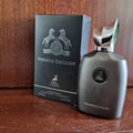 Maison Alhambra Perseus Exclusif — A dark grey perfume bottle with a silver cap and a circular emblem on the front, next to its matching black box with silver horse and deer graphics. | Maison Alhambra Perseus Exclusif — Botol minyak wangi kelabu gelap dengan penutup perak dan lambang bulat di hadapan, bersebelahan