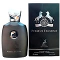 Maison Alhambra Perseus Exclusif — A dark grey perfume bottle with a silver cap and a circular emblem on the front, next to its matching black box with silver horse and deer graphics. | Maison Alhambra Perseus Exclusif — Botol minyak wangi kelabu gelap dengan penutup perak dan lambang bulat di hadapan, bersebelahan