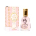 Ard Al Zaafaran Pink Blush Shams Al Emarat Khususi 50ml Perfume — Pink glass perfume bottle with gold spray nozzle and cap, label shows Arabic script and English text, isolated on white background.