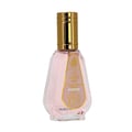 Ard Al Zaafaran Pink Blush Shams Al Emarat Khususi 50ml Perfume — Pink glass perfume bottle with gold spray nozzle and cap, label shows Arabic script and English text, isolated on white background.