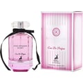 Maison Alhambra Pink Shimmer Secret 100ml — Pink perfume bottle with a black ribbon bow, next to its matching pink striped box, on a white background. | Maison Alhambra Pink Shimmer Secret 100ml — Botol minyak wangi merah jambu dengan reben hitam, bersebelahan kotak berjalur merah jambu yang sepadan, di atas latar