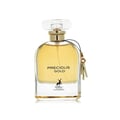 Maison Alhambra Precious Gold 80ml by Maison Alhambra — A gold-themed perfume box and bottle are displayed side-by-side against a white background. The box features abstract gold brushstrokes and a deer silhouette, while the bottle contains golden liquid and has a heart-shaped charm. | Maison Alhambra Precious Gold