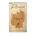 Maison Alhambra Precious Gold 80ml by Maison Alhambra — A gold-themed perfume box and bottle are displayed side-by-side against a white background. The box features abstract gold brushstrokes and a deer silhouette, while the bottle contains golden liquid and has a heart-shaped charm. | Maison Alhambra Precious Gold