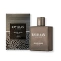 Rayhaan Woody Noir Eau De Parfum — A dark grey bottle of Rayhaan Woody Noir Eau De Parfum for him sits next to its matching dark grey box with embossed wood grain texture. | Rayhaan Woody Noir Eau De Parfum — Botol Rayhaan Woody Noir Eau De Parfum kelabu gelap untuk lelaki terletak di sebelah kotak kelabu gelap yang