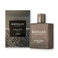 Rayhaan Woody Noir Eau De Parfum — A dark grey bottle of Rayhaan Woody Noir Eau De Parfum for him sits next to its matching dark grey box with embossed wood grain texture. | Rayhaan Woody Noir Eau De Parfum — Botol Rayhaan Woody Noir Eau De Parfum kelabu gelap untuk lelaki terletak di sebelah kotak kelabu gelap yang