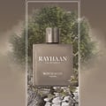 Rayhaan Woody Noir Eau De Parfum — A dark grey bottle of Rayhaan Woody Noir Eau De Parfum for him sits next to its matching dark grey box with embossed wood grain texture. | Rayhaan Woody Noir Eau De Parfum — Botol Rayhaan Woody Noir Eau De Parfum kelabu gelap untuk lelaki terletak di sebelah kotak kelabu gelap yang