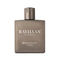 Rayhaan Woody Noir Eau De Parfum — A dark grey bottle of Rayhaan Woody Noir Eau De Parfum for him sits next to its matching dark grey box with embossed wood grain texture. | Rayhaan Woody Noir Eau De Parfum — Botol Rayhaan Woody Noir Eau De Parfum kelabu gelap untuk lelaki terletak di sebelah kotak kelabu gelap yang