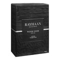 Rayhaan Woody Noir Eau De Parfum — A dark grey bottle of Rayhaan Woody Noir Eau De Parfum for him sits next to its matching dark grey box with embossed wood grain texture. | Rayhaan Woody Noir Eau De Parfum — Botol Rayhaan Woody Noir Eau De Parfum kelabu gelap untuk lelaki terletak di sebelah kotak kelabu gelap yang