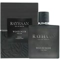 Rayhaan Woody Noir Eau De Parfum — A dark grey bottle of Rayhaan Woody Noir Eau De Parfum for him sits next to its matching dark grey box with embossed wood grain texture. | Rayhaan Woody Noir Eau De Parfum — Botol Rayhaan Woody Noir Eau De Parfum kelabu gelap untuk lelaki terletak di sebelah kotak kelabu gelap yang