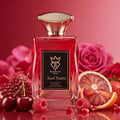 Bujairami Red Static — Red perfume bottle with gold cap next to matching red box with gold logo