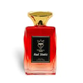 Bujairami Red Static — Red perfume bottle with gold cap next to matching red box with gold logo