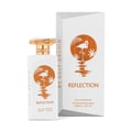 Gulf Orchid Reflection For Her 100ml by Gulf Orchid — White perfume bottle and its box, both featuring an orange circle with a flamingo and palm leaves design. | Gulf Orchid Reflection For Her 100ml by Gulf Orchid — Botol minyak wangi putih dan kotaknya, kedua-duanya menampilkan bulatan oren dengan reka bentuk